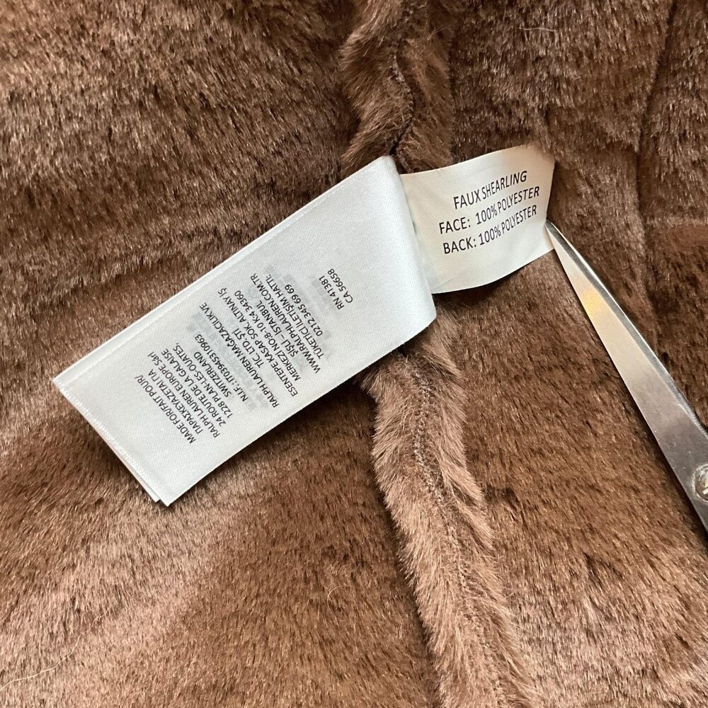 Lauren Ralph Lauren Coat Womens Large Brown Faux Shearling Fleece Drape Collar - Picture 11 of 14
